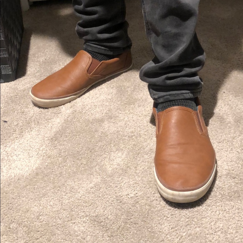 Camel color slip on shoes
